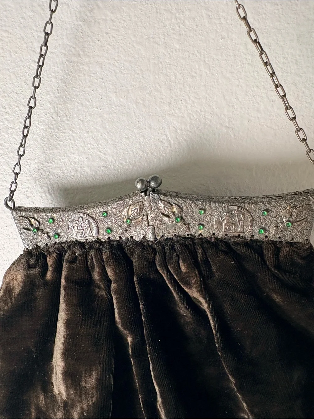 Antique 1920”s Black Velvet Flapper Purse Whimsygoth Vampire Green Rhinestone